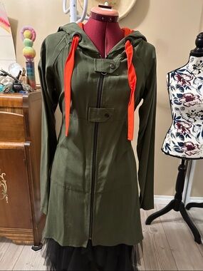 Olive Hooded Long Jacket with Orange Drawstrings